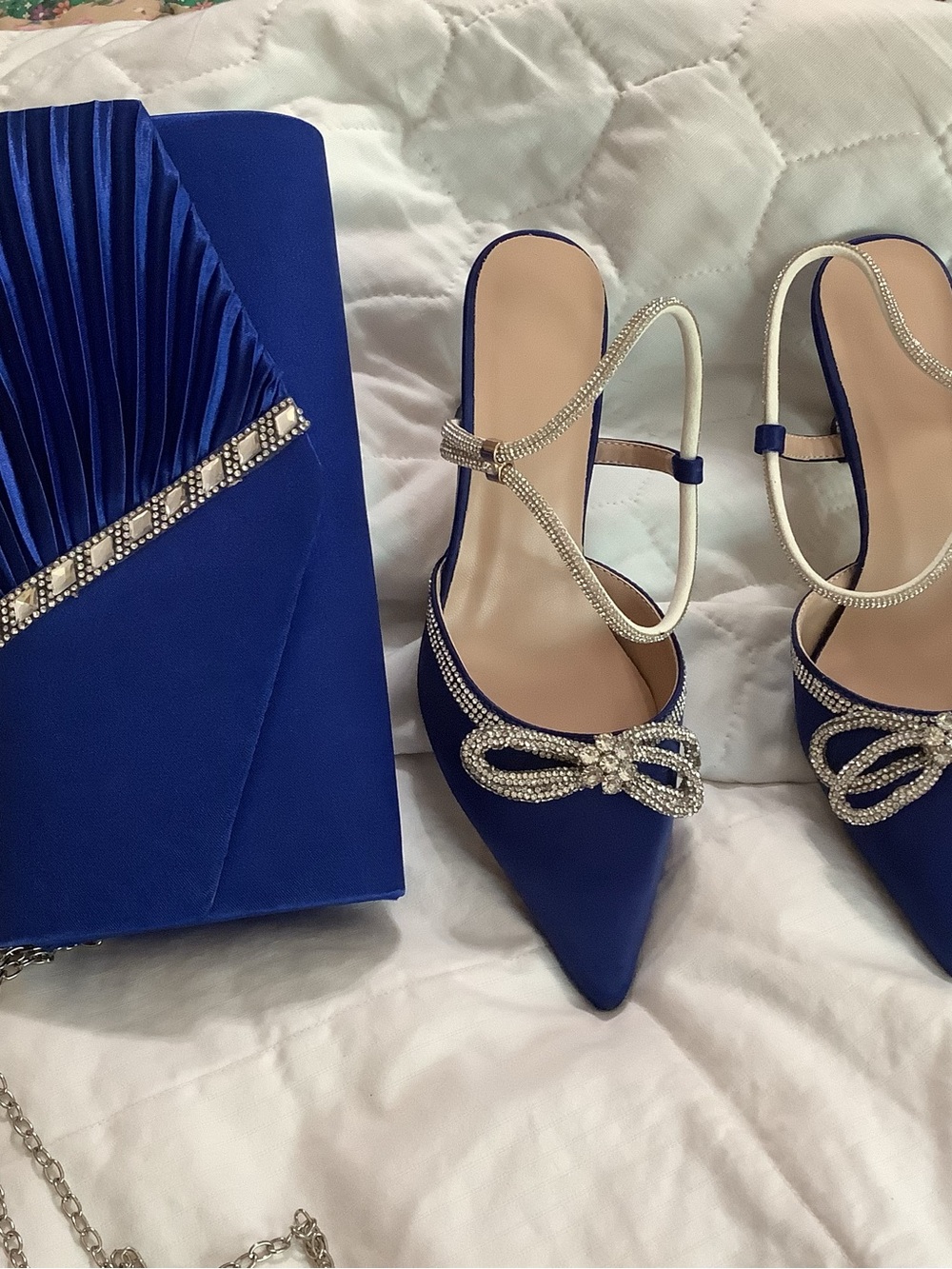 Elegant Blue Pointed Toe Evening Slingback Heels with Crystal Bow